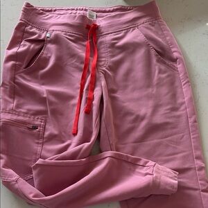 Figs women’s Pink Joggers with Red Drawstring scrubs